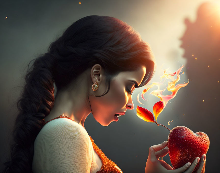 Dark-haired woman holding flaming leaf and glowing heart against moody backdrop