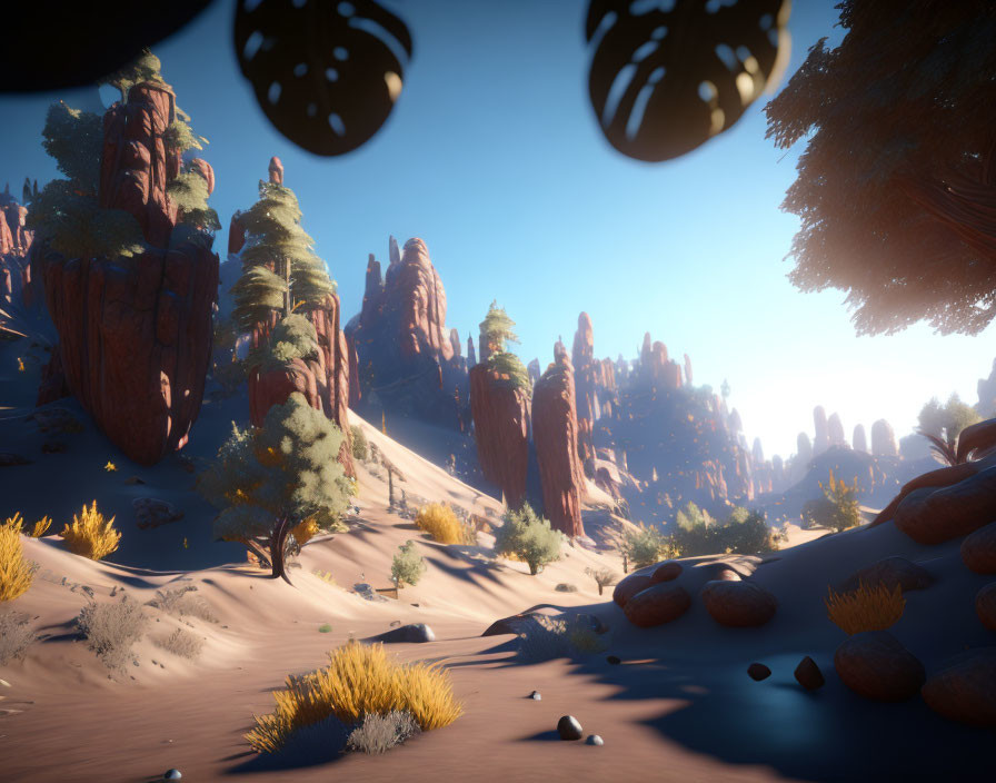 Desert landscape with red rock formations and blue sky