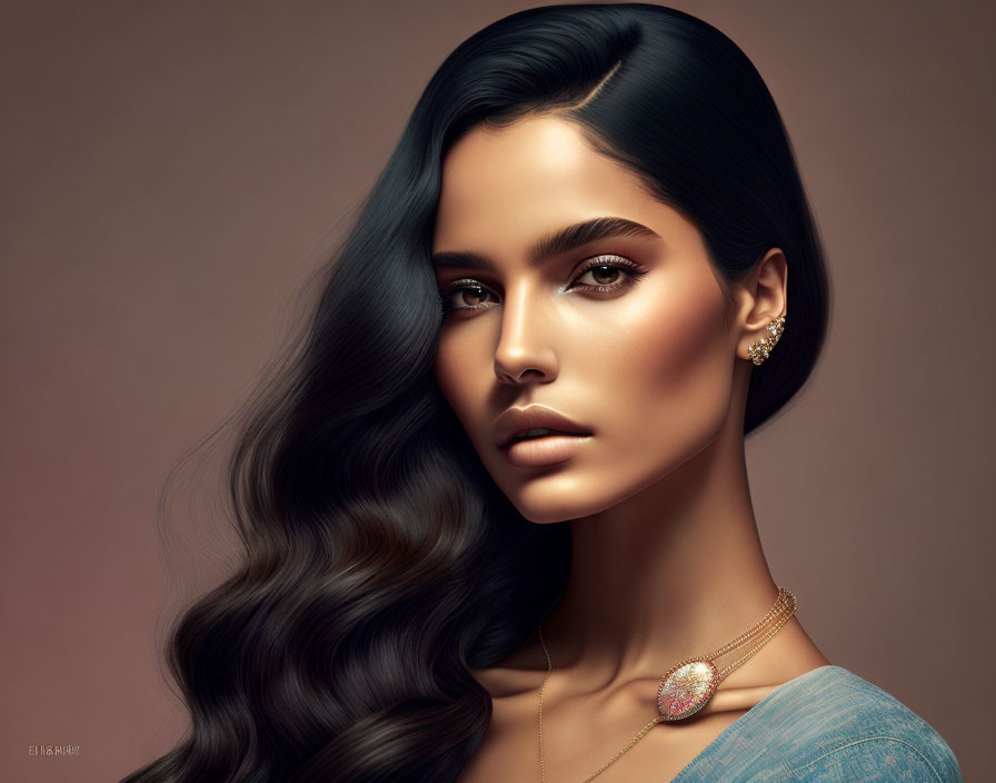 Portrait of woman with dark wavy hair and pink pendant necklace