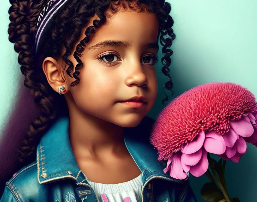 Curly-Haired Girl in Blue Jacket with Pink Flower Portrait