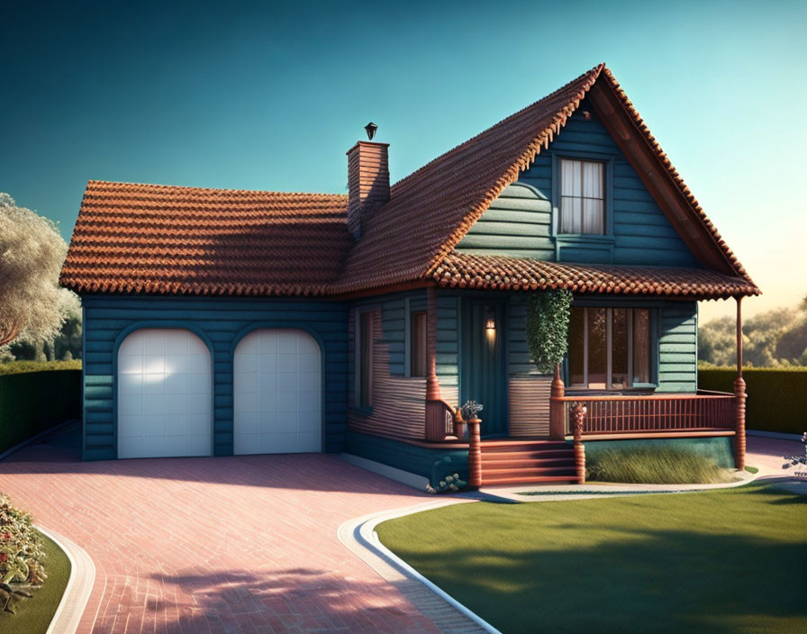 Suburban house with blue facade, red roof, porch, and brick driveway at dusk