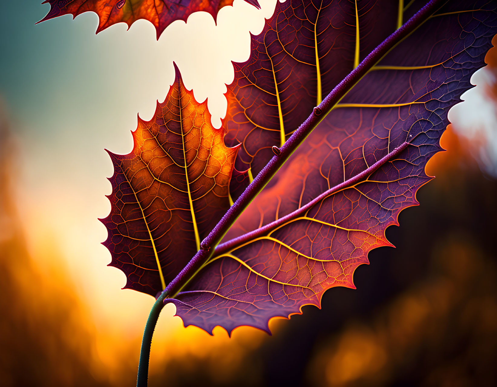 Detailed view: Vibrant red leaves with visible veins on soft-focus autumnal background