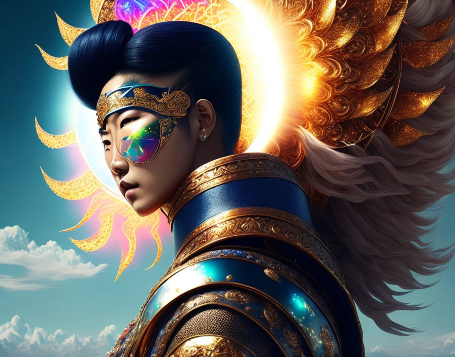 Elaborate Gold and Blue Armor Woman Artwork