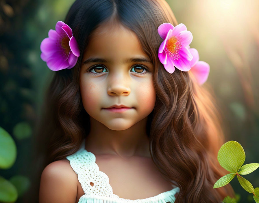 Young girl with long brown hair and green eyes in natural setting with pink flowers.