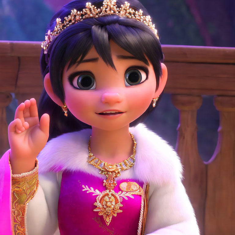 Animated princess with crown, fur-trimmed cape, smiling in purple dress.