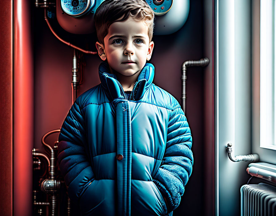 Young boy in blue puffer jacket surrounded by industrial pipes and gauges