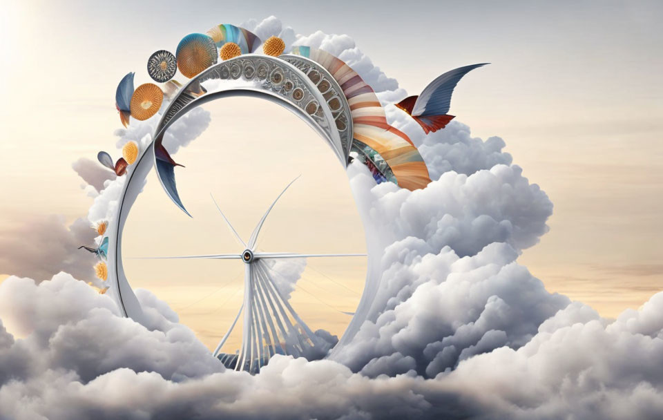 Surreal circular structure with gears and feathers in cloudy sunset sky