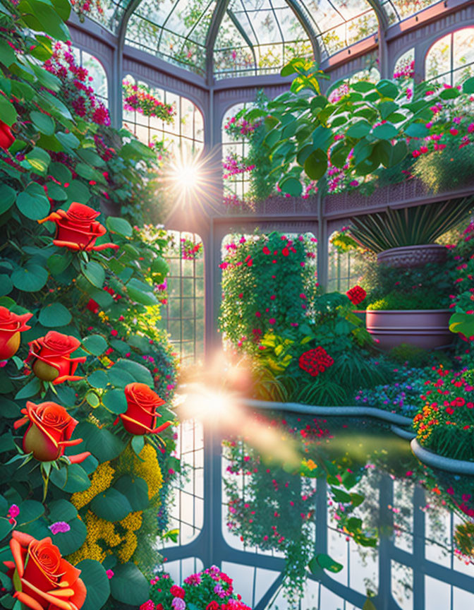 Greenhouse with vibrant red roses and assorted flowers under sunlight and tranquil water surface.