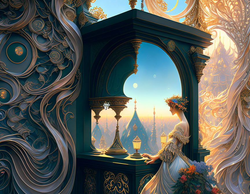 Historical woman in ornate dress admires fantasy landscape with towers at moonrise.