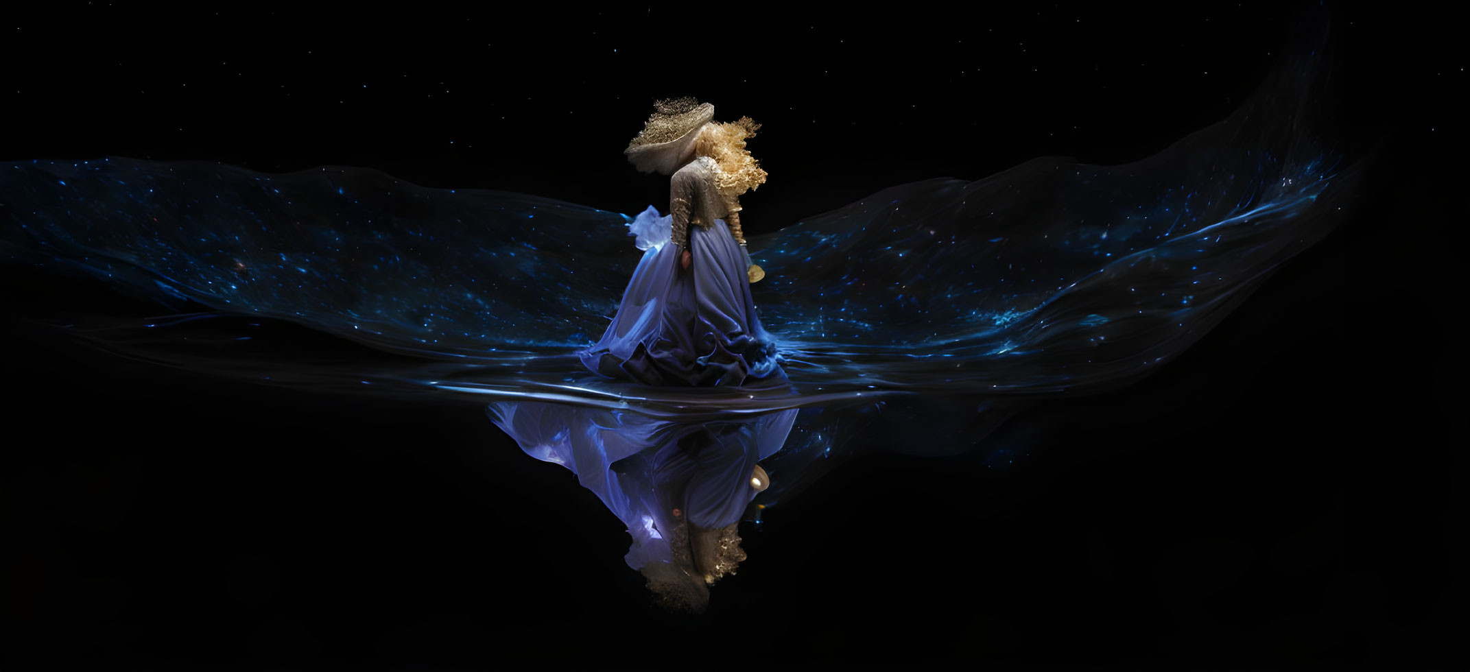 Woman in flowing blue gown with golden crown on reflective surface against dark background with blue light trails.