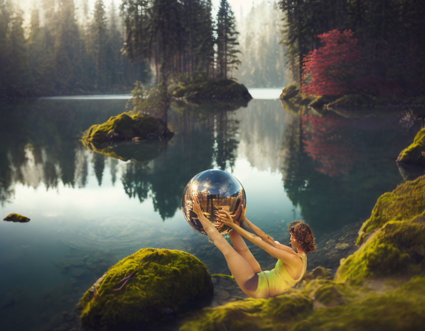 Reflective sphere held by person on mossy riverbank mirrors serene forest and water