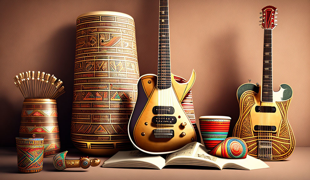 Intricately patterned ethnic musical instruments on brown background