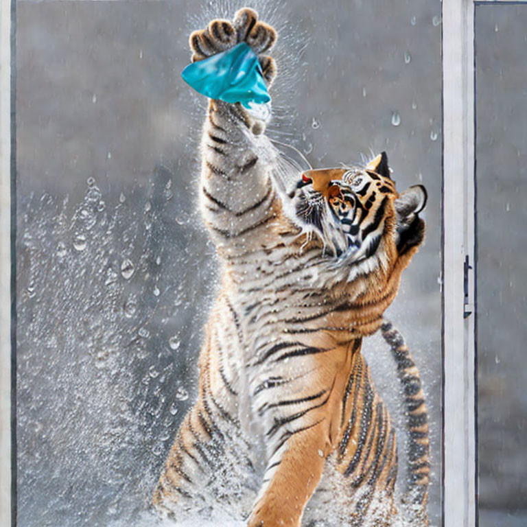 Tiger playing with blue cloth toy in water splashing scene