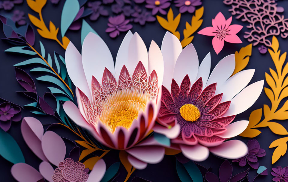 Colorful 3D paper flowers in pink, white, and yellow on dark floral background