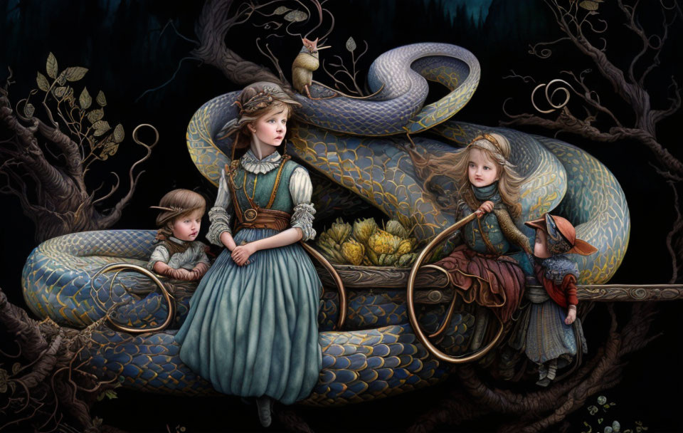 Vintage-clad children on serpent with gold foliage in dark forest