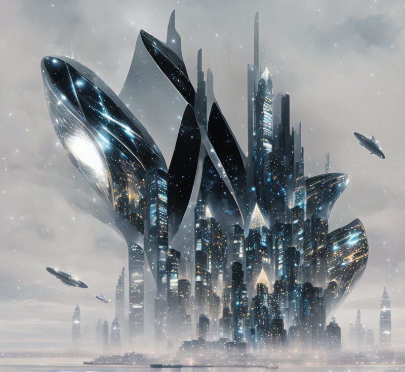 Futuristic cityscape with sleek skyscrapers and flying vehicles under cloudy sky