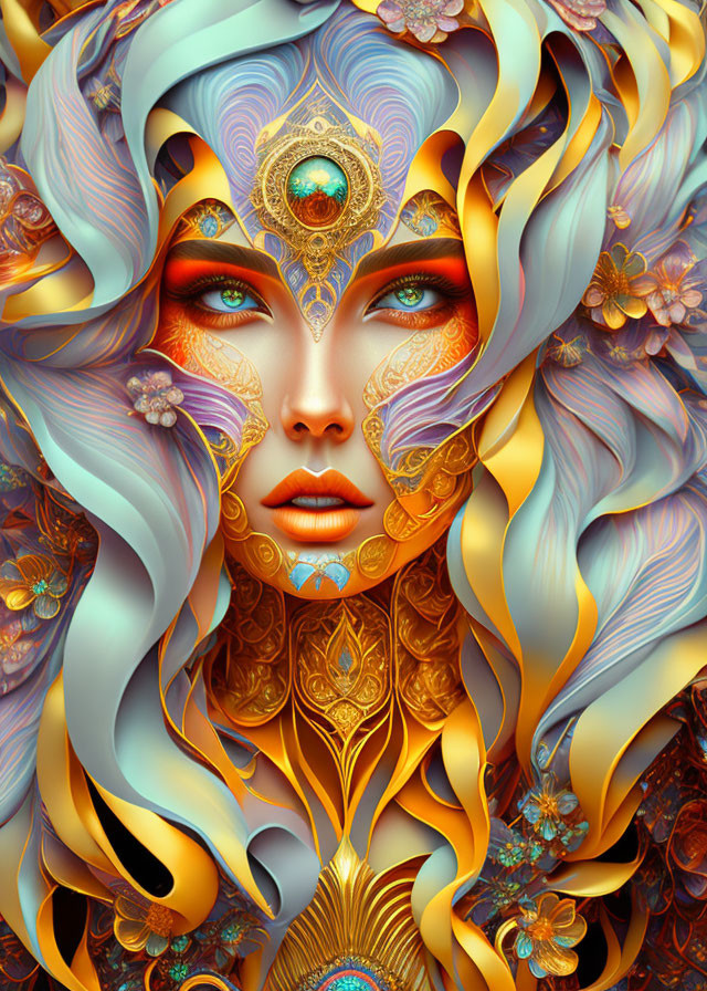 Digital artwork: Woman with golden jewelry, floral hair, captivating gaze