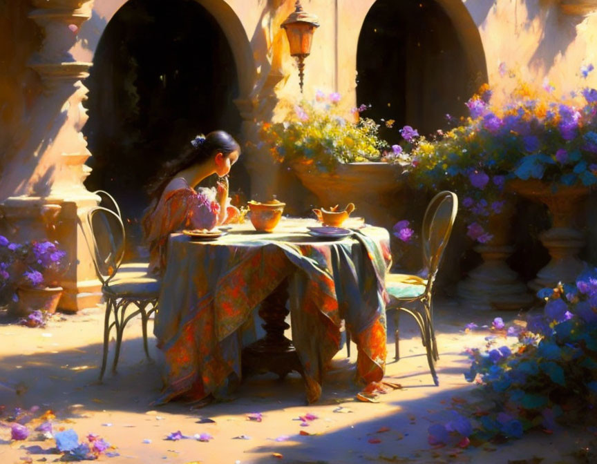 Person Dining Outdoors Among Flowers and Archways