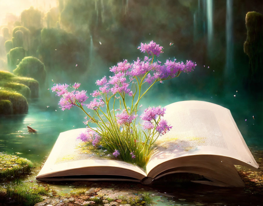 Purple flowers sprout from open book in mystical forest scene