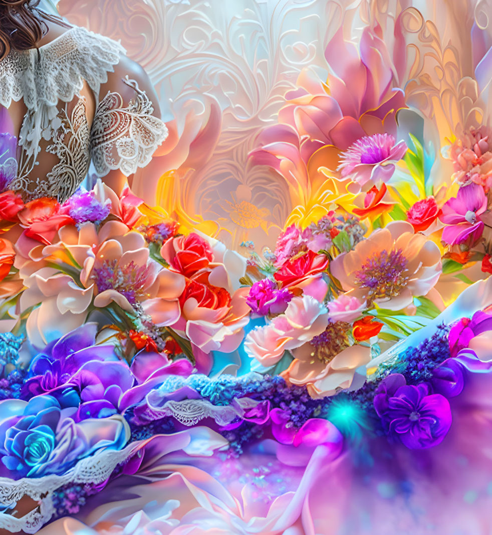 Colorful surreal flowers with intricate patterns and soft glowing light