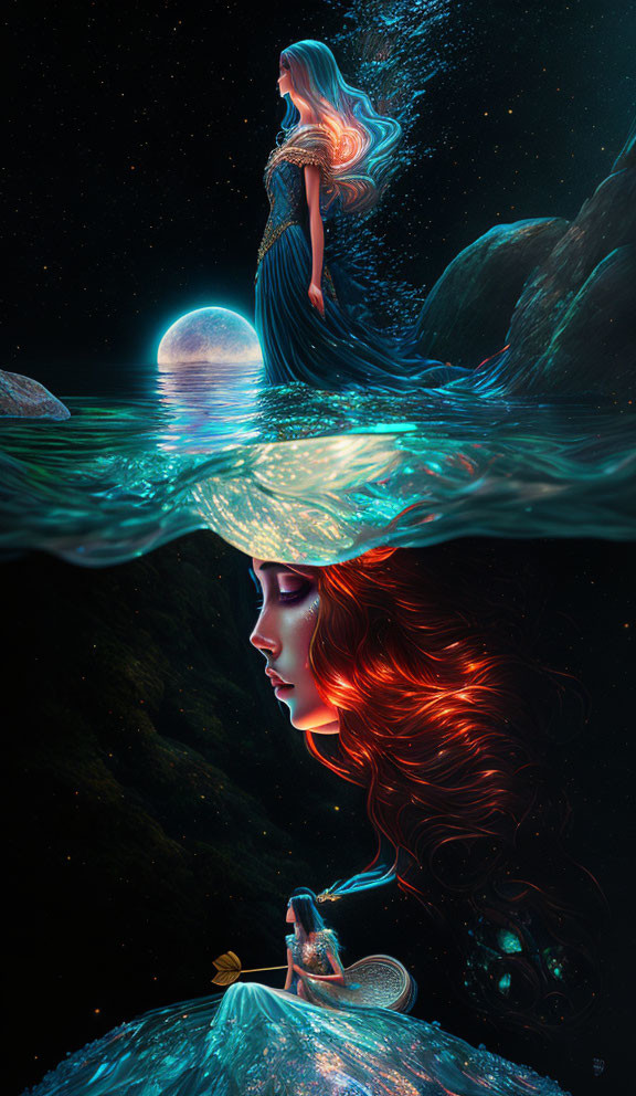 Digital Artwork: Woman with flowing hair in water with cosmic reflection.