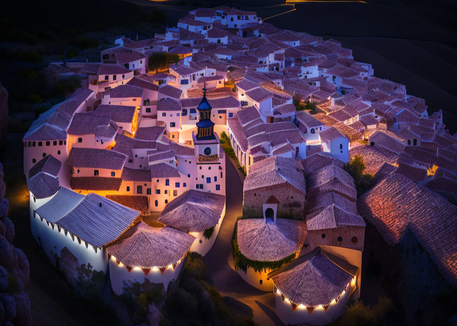 Traditional white-washed village with terracotta roofs at night