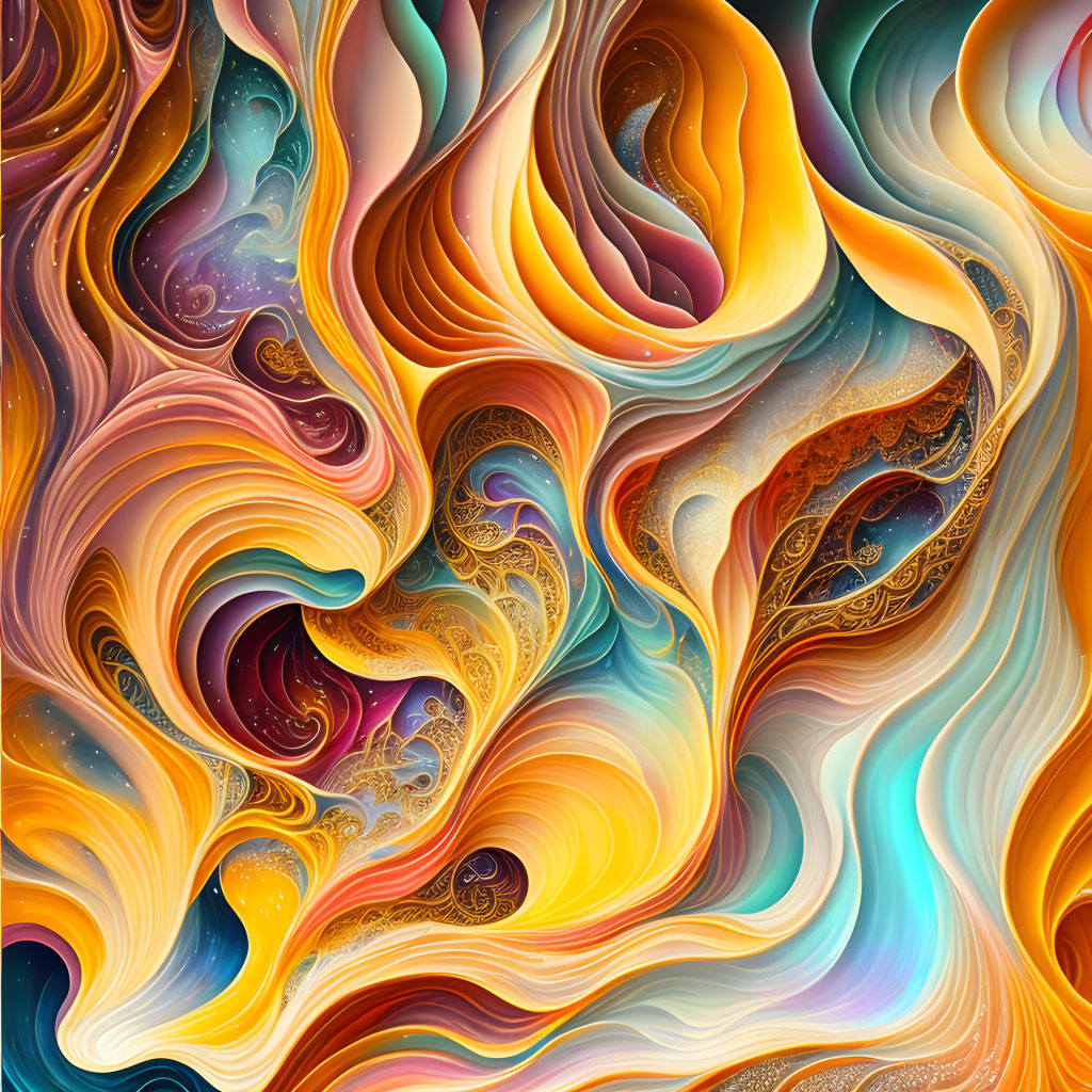 Colorful Abstract Artwork with Swirling Orange, Blue, and Gold Patterns