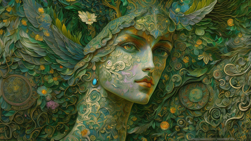 Surreal fantasy artwork of woman with green ornate features blending with bird-like elements