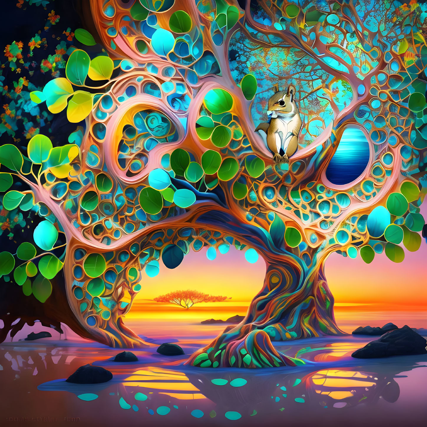 Colorful illustration: Whimsical tree with owl in serene sunset landscape