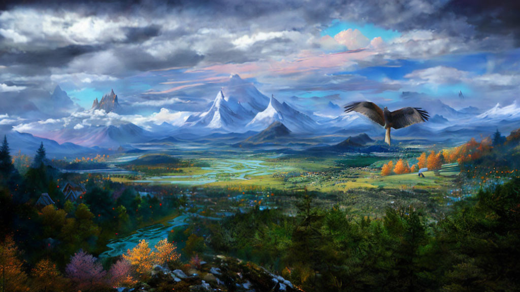 Snow-capped mountains, eagle in flight, vibrant forests, valley village, colorful sky