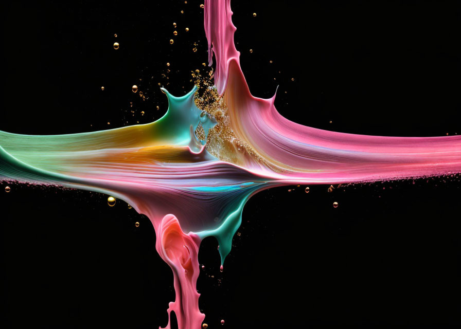 Vibrant Abstract Splash: Pink, Green, Yellow on Black Background