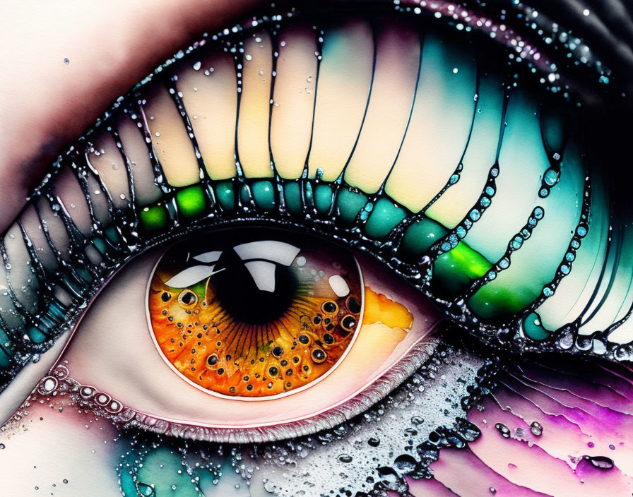 Detailed illustration: Human eye with multicolored iris and water droplets