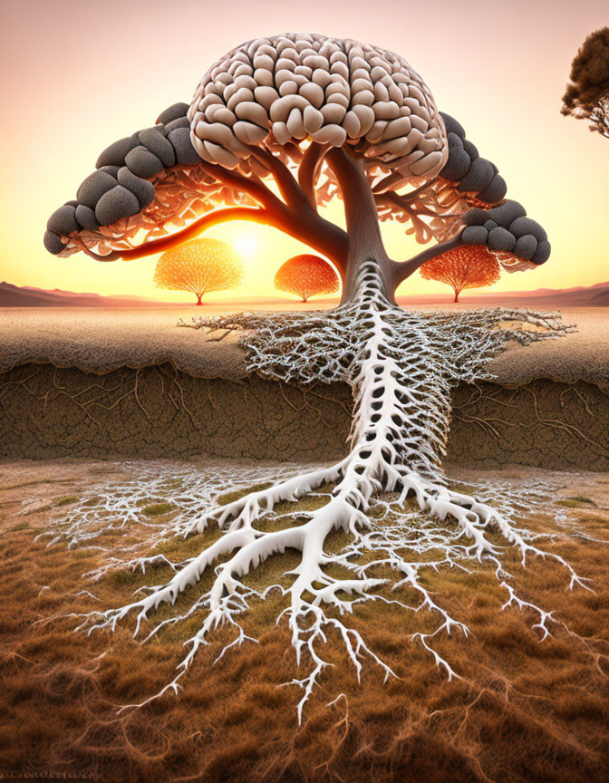 Surreal tree illustration with brain-like canopy and intricate roots on cracked earth at sunset