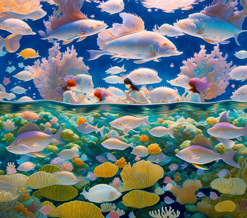 Colorful Tropical Fish and Coral Reefs in Deep Blue Ocean