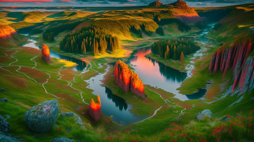 Scenic sunset over serene valley with river, greenery, cliffs, and red flowers