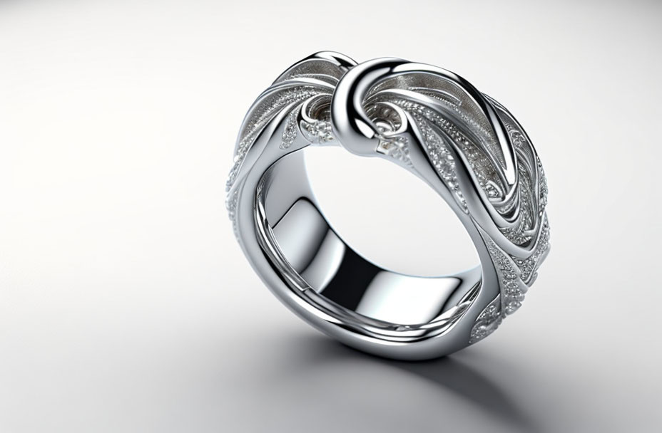 Silver Ring with Intricate Detailing and Diamond Adornments on Reflective White Surface