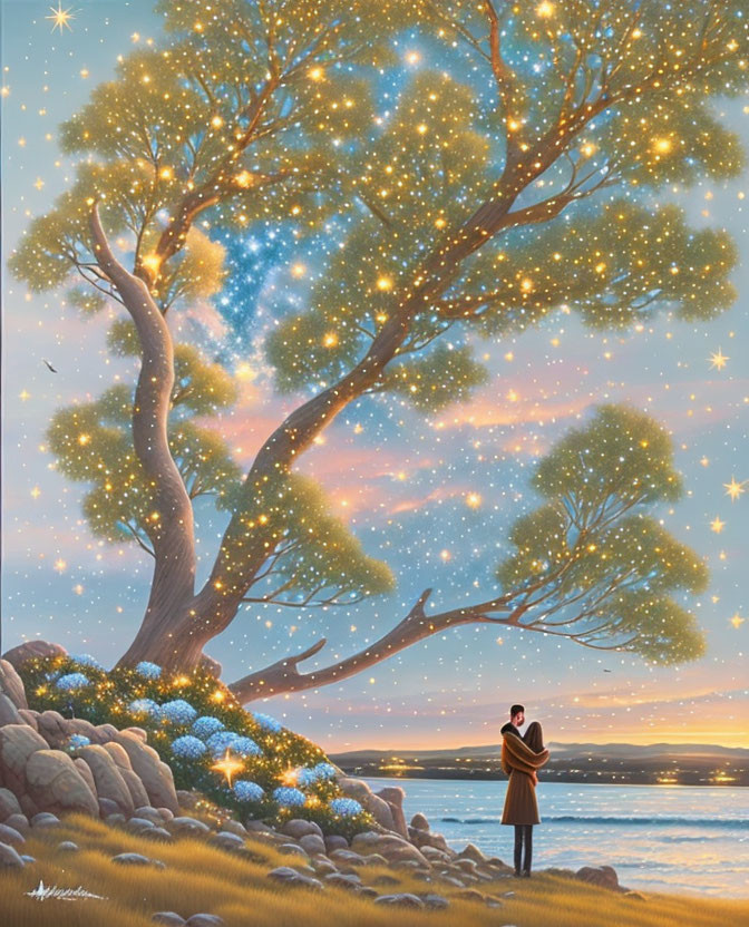 Romantic couple embracing under magical tree with starry lights by serene waterfront