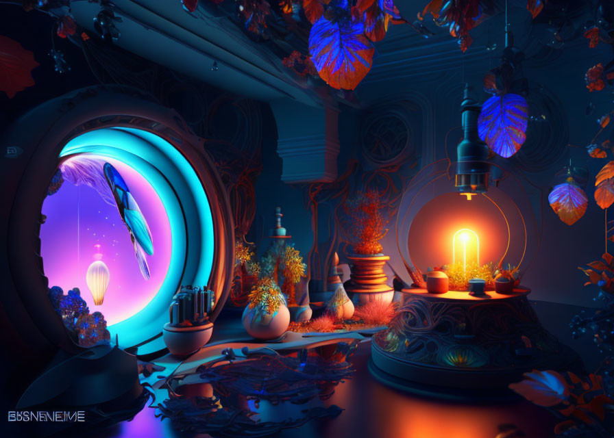 Neon-lit digital artwork of surreal room with glowing plants and floating jellyfish