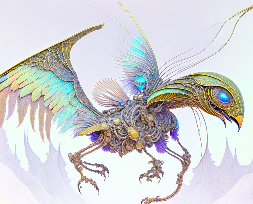 Colorful digital artwork: Mechanical bird with intricate details