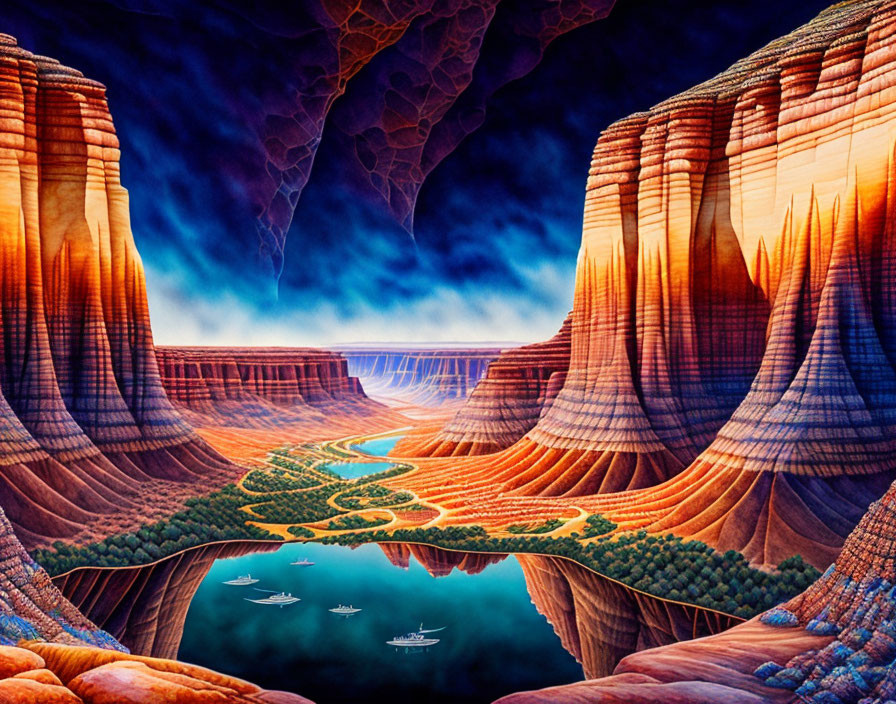 Colorful canyon illustration with rock formations, river, sailboats, and lush ecosystem under cloudy sky.