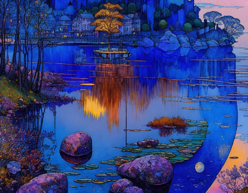 Illustration of Serene Nocturnal Lakeside Scene