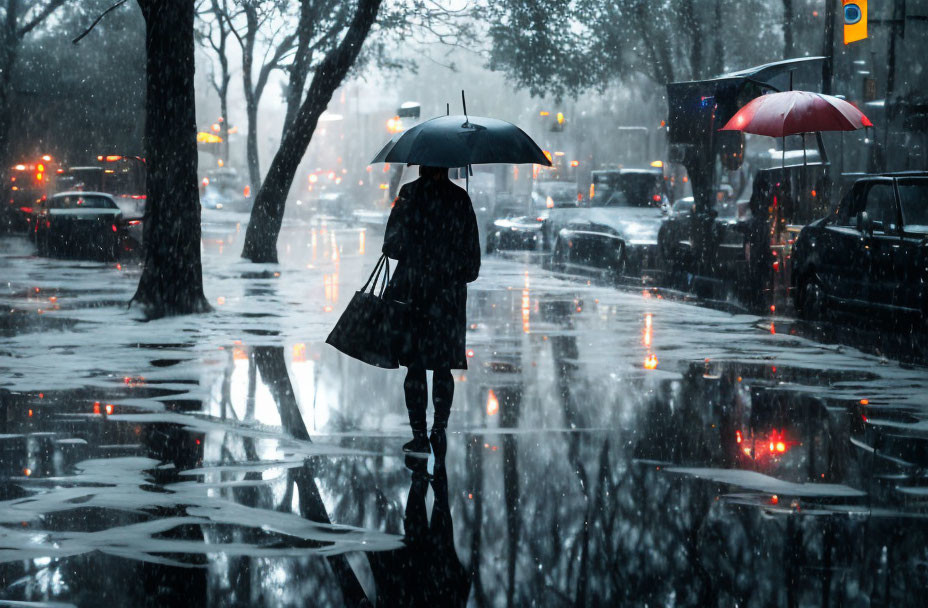 Person with umbrella on wet city street in rainy evening with reflections and blurred city lights