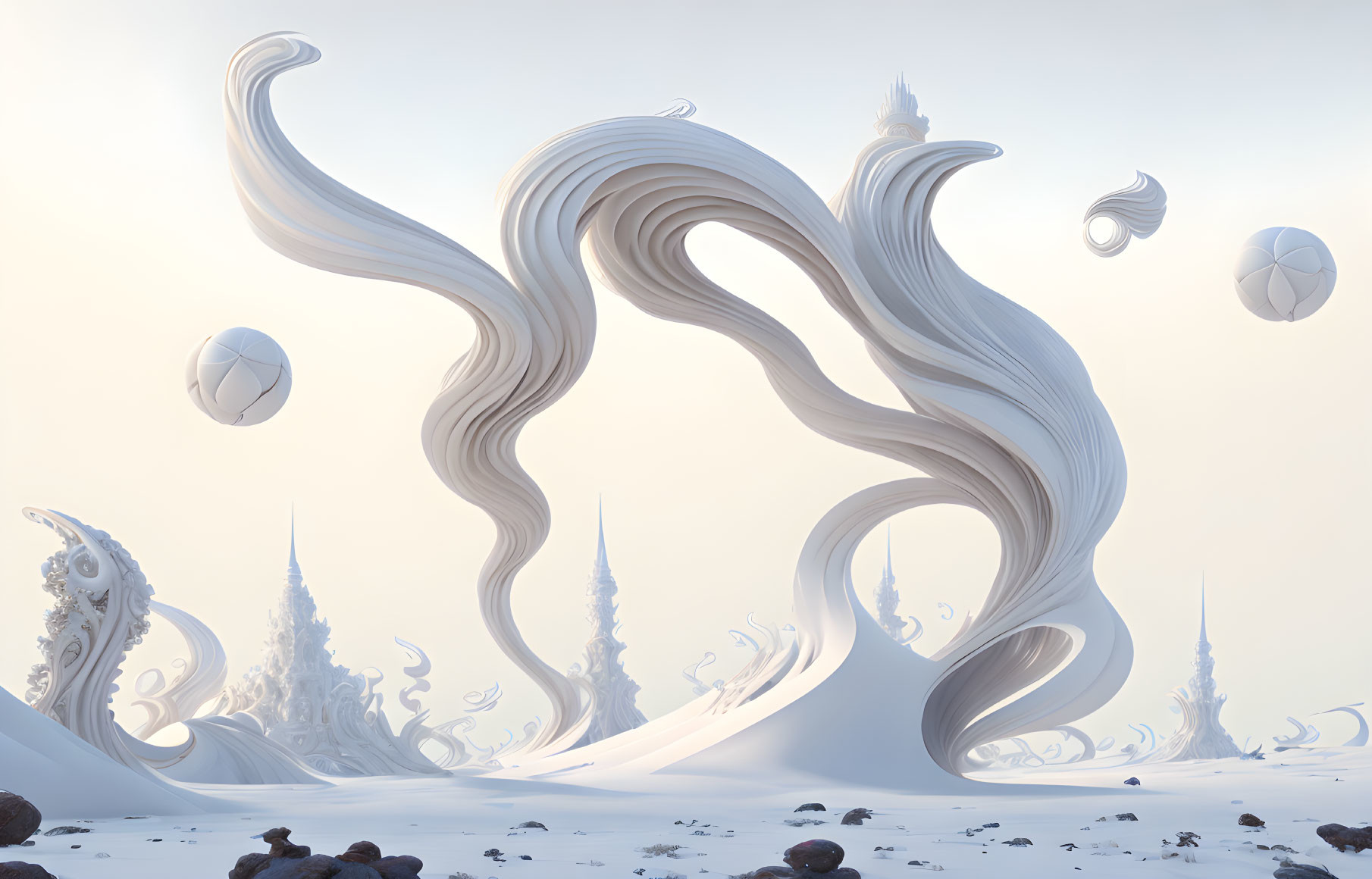 Surreal landscape with fluid white structures and floating spherical shapes under a hazy sky