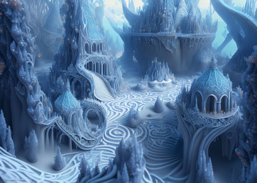 Fantastical icy-blue landscape with ornate tower-like structures