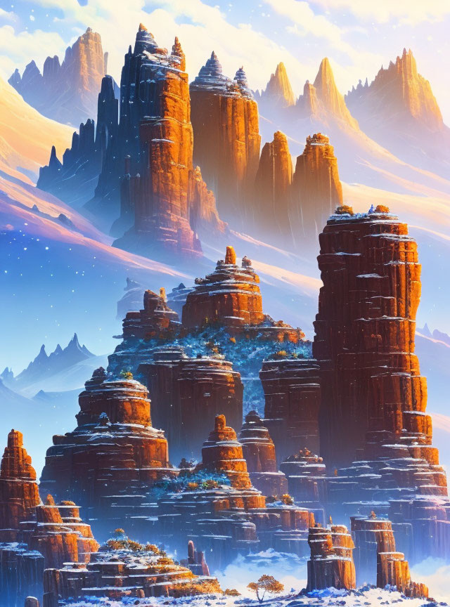 Snow-dusted rock formations under sunlit sky and mountain peaks