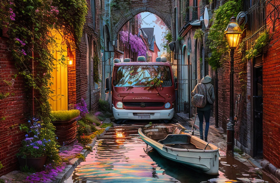 Backpacker by canal with boat and camper van in historic town