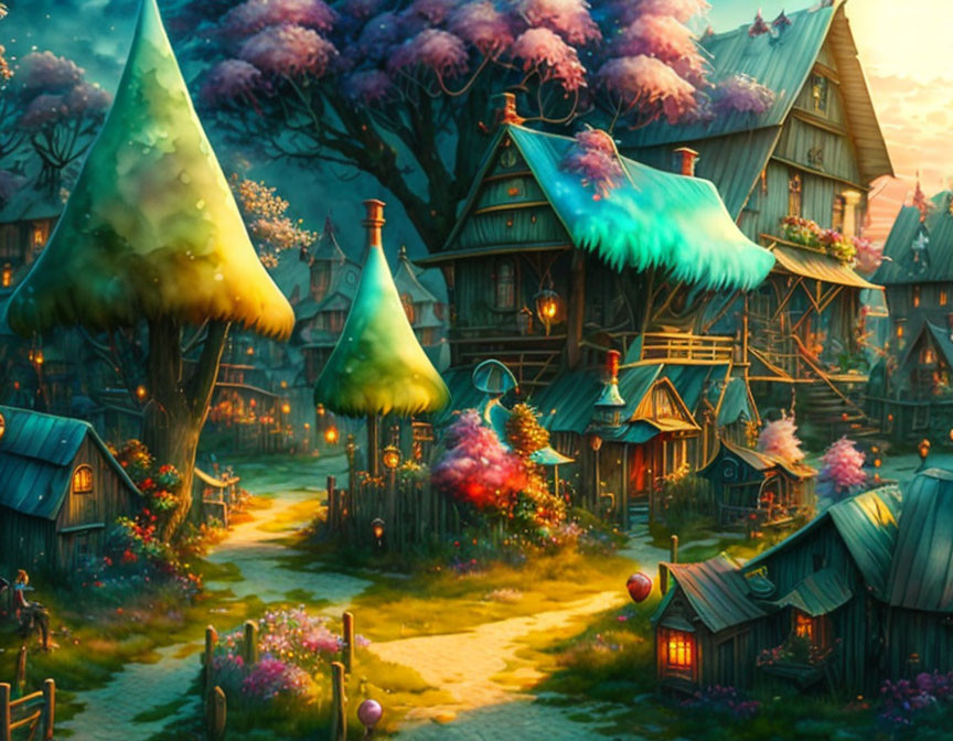 Colorful Cone-Roofed Village at Twilight with Lush Flora