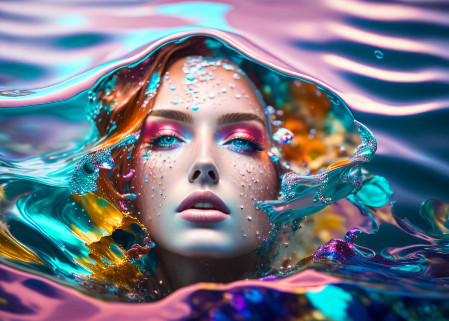 Colorful woman's face emerges from rippling water with bright makeup.