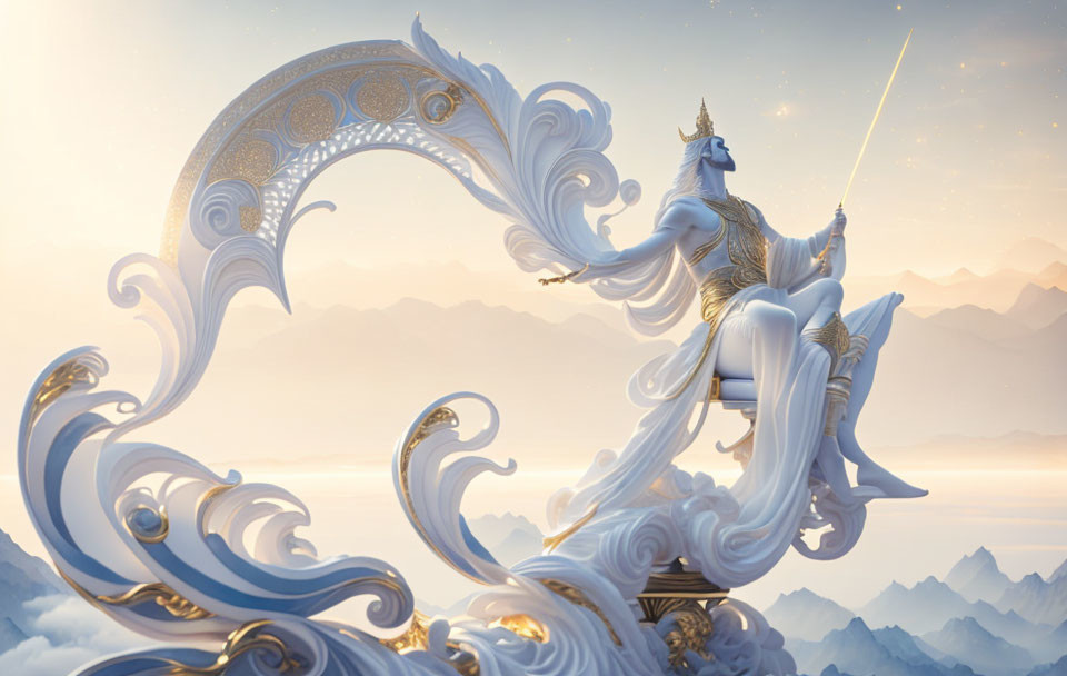 Majestic unicorn on ornate waves with golden-lit mountains