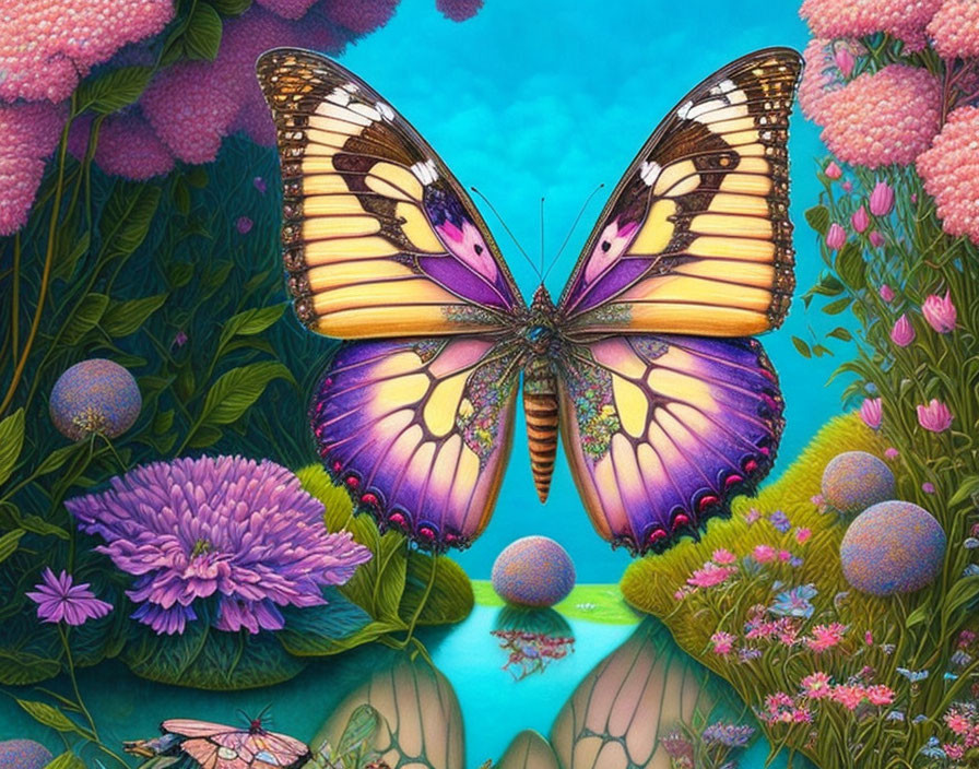 Colorful Butterfly Artwork with Purple and Orange Wings Amid Pink Flowers